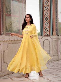 Label Rishmaan - Yellow Aaina Printed Anarkali and Dupatta (Set of 2)
