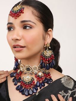 Khushi Jewels - Navy Blue and Red Beads Pearls Kundan Jewellery Set