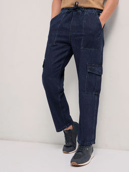 The Bear House - Men'S Mid Blue Baggy Fit Solid Cotton Jeans