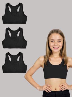 A.T.U.N. - Girls Black Cotton Sports Bra (Pack Of 3)