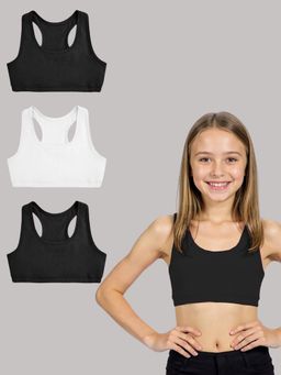 A.T.U.N. - Girls Black and White Cotton Sports Bra (Pack Of 3)