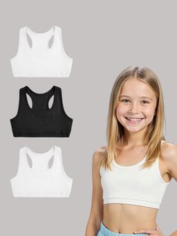 A.T.U.N. - Girls White and Black Cotton Sports Bra (Pack Of 3)