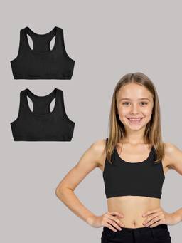 A.T.U.N. - Girls Black Cotton Sports Bra (Pack Of 2)
