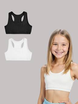 A.T.U.N. - Girls Black and White Cotton Sports Bra (Pack Of 2)