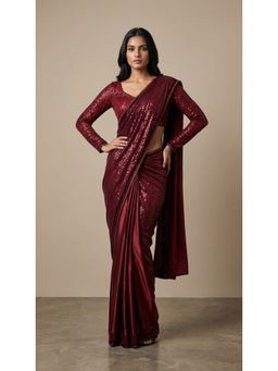 Dress & Dazzle - Maroon Pre-Drape Saree with Stitched Blouse