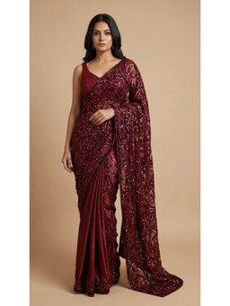 Dress & Dazzle - Maroon Pre-Drape Saree with Stitched Blouse