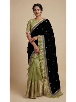 Dress & Dazzle - Green Tissue And Velvet Saree with Stitched Blouse