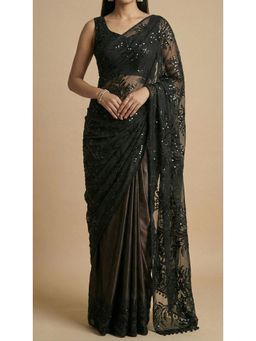 Dress & Dazzle - Black Pre-Drape Saree with Stitched Blouse