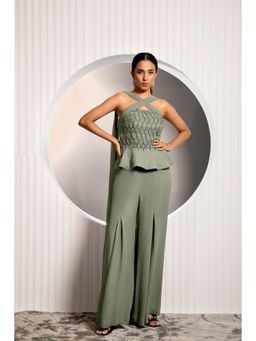 Jade by Ashima - Green Georgette Thread Work Top with Pant