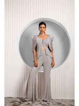 Jade by Ashima - Grey Crepe Thread Work Jacket with Pant