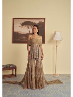 Jade by Ashima - Beige Organza Embellished/Sequined Kurta with Sharara