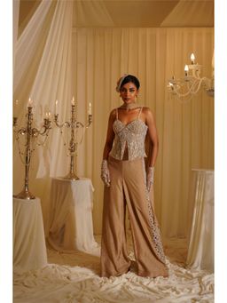 Jade by Ashima - Beige Organza Embellished/Sequined Top with Pant and Dupatta