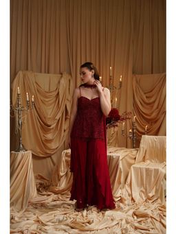 Jade by Ashima - Red Organza Embellished/Sequined Kurta with Sharara and Dupatta