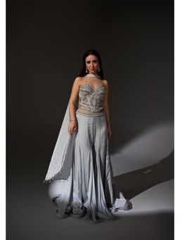 Jade by Ashima - Grey Organza Embellished/Sequined Top with Sharara and Dupatta