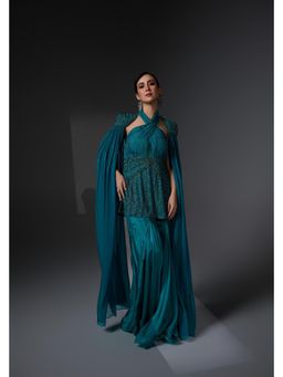 Jade by Ashima - Green Organza Embellished/Sequined Kurta with Sharara and Cape