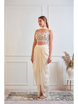 Jade by Ashima - Off White Georgette Mirror Work Blouse with Dhoti