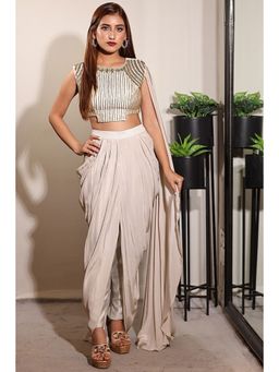 Jade by Ashima - Off White Silk Embellished/Sequined Crop Top with Dhoti