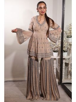 Jade by Ashima - Peach Crepe Embellished/Sequined Peplum Top with Sharara