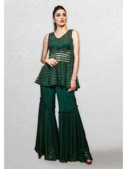 Jade by Ashima - Green Georgette Thread Work Peplum Top with Gharara