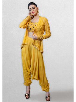 Jade by Ashima - Yellow Thread Work Crop Top with Dhoti with Jacket