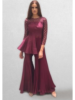 Jade by Ashima - Wine Georgette Embroidered Peplum Top with Sharara