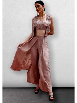 Jade by Ashima - Pink Dupion Thread Work Crop Top with Pant with Jacket