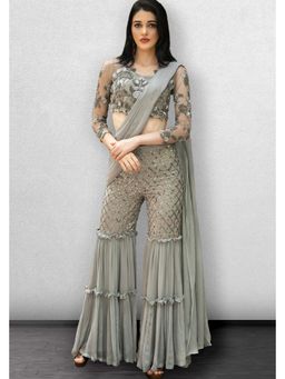 Jade by Ashima - Grey Georgette Thread Work Crop Top with Sharara and Dupatta