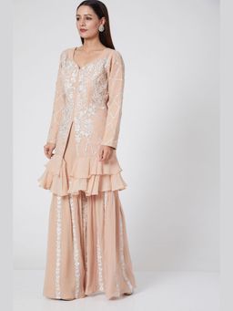 Jade by Ashima - Peach Polyester Embroidered Kurta with Gharara