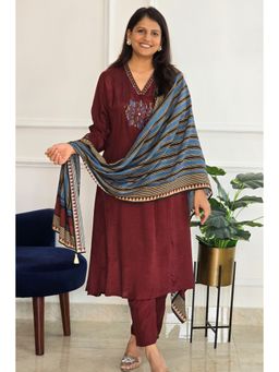 Pink Tree - Maroon Muslin Embroidered Kurta with Pant and Dupatta