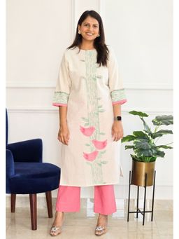 Pink Tree - Beige Linen Printed Kurta with Pant