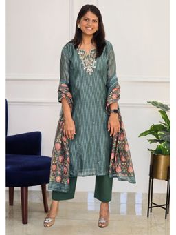 Pink Tree - Green Cotton Embroidered Kurta with Pant and Dupatta