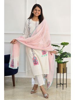 Pink Tree - Ivory Linen Printed Kurta with Pant and Dupatta