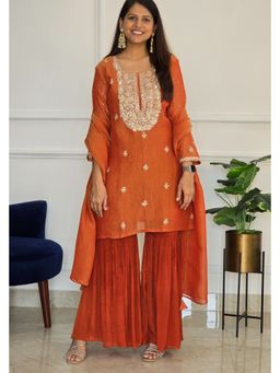 Pink Tree - Rust Tissue Embroidered Kurta with Garara and Dupatta