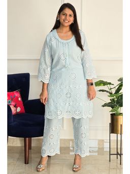 Pink Tree - Blue Pure Cotton Embroidered Kurta with Pant