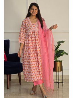 Pink Tree - Pink Pure Cotton Printed Kurta with Pant and Dupatta