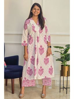 Pink Tree - White Pure Cotton Block Print Kurta with Pant