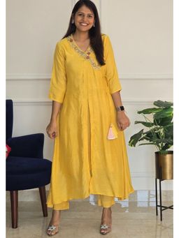 Pink Tree - Mustard Cotton Embroidered Angrakha Patterned Midi Dress