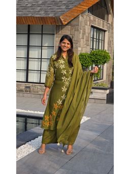 Pink Tree - Olive Silk Thread Work Kurta with Palazzo and Dupatta