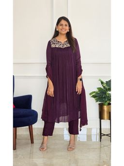 Pink Tree - Purple Chinon Embroidered Anarkali with Pant and Dupatta