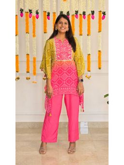 Pink Tree - Pink Muslin Bandhani Kaftan with Pant