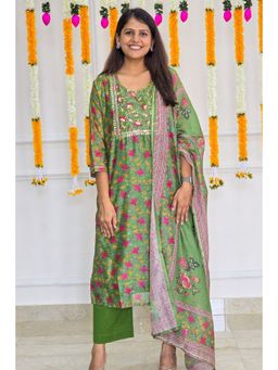 Pink Tree - Green Chanderi Mirror Work Kurta with Pant and Dupatta