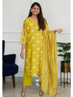 Pink Tree - Yellow Chanderi Embroidered Kurta with Pant and Dupatta