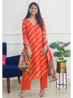 Pink Tree - Orange Silk Thread Work Kurta with Pant and Dupatta