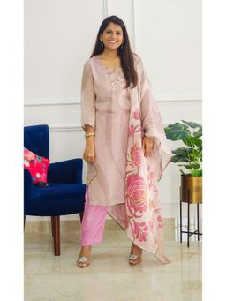 Pink Tree - Pink Tissue Mirror Work Kurta with Pant and Dupatta