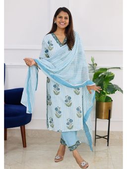 Pink Tree - Blue Pure Cotton Block Print Kurta with Pant and Dupatta