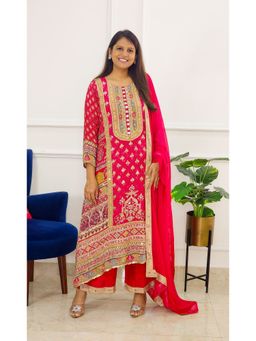 Pink Tree - Red Crepe Embellished/Sequined Anarkali with Pant and Dupatta