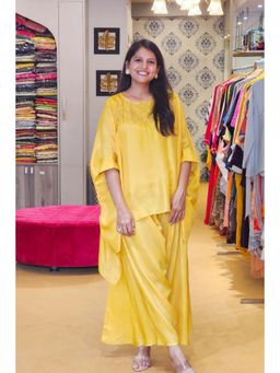 Pink Tree - Yellow Silk Embellished/Sequined Cape Top with Palazzo