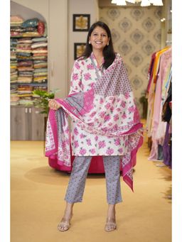 Pink Tree - White Pure Cotton Printed Kurta with Pant and Dupatta