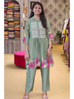 Pink Tree - Olive Silk Embroidered Kurta with Pant Co-Ord