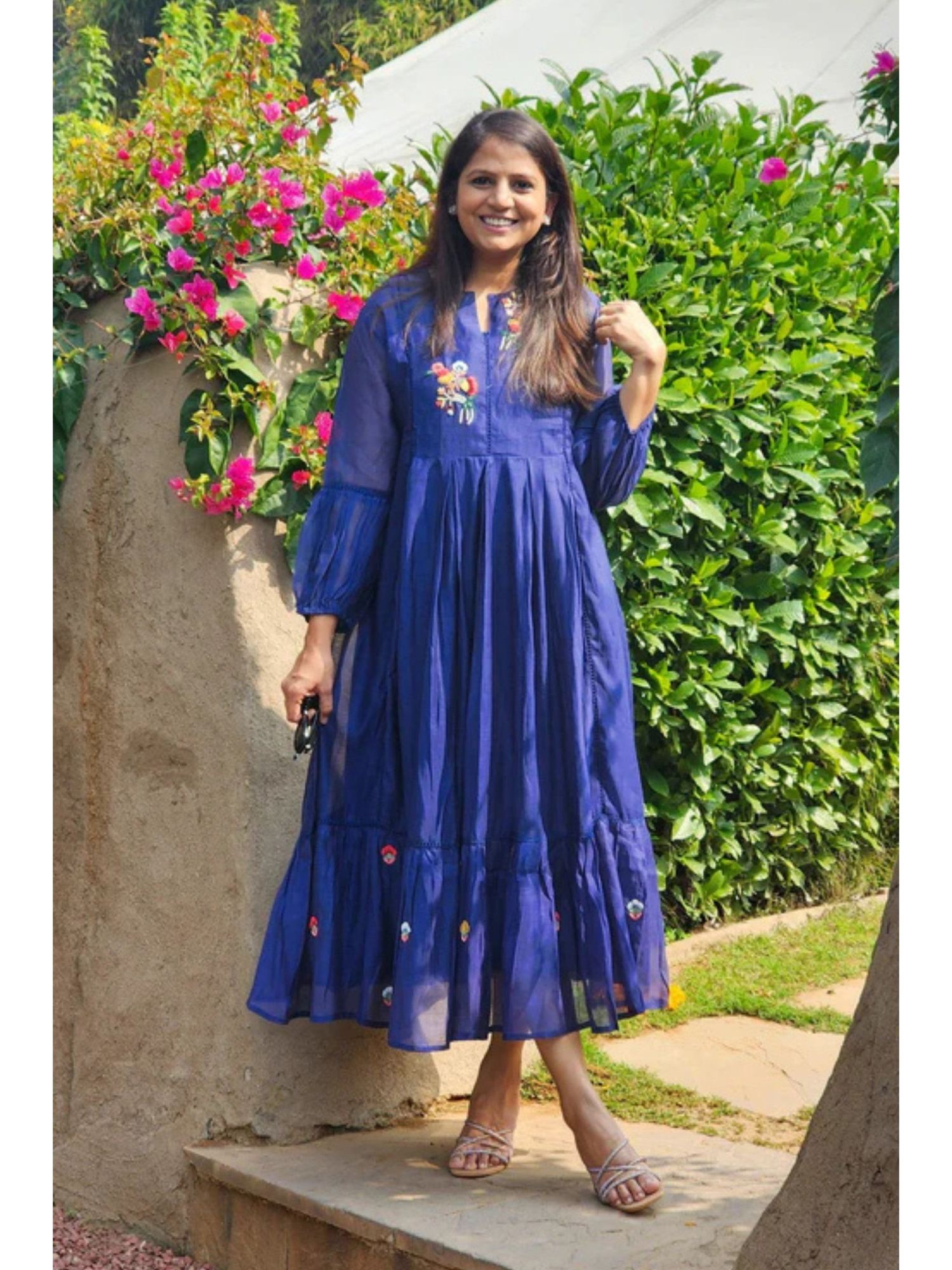 pink tree Navy Blue Chanderi Thread Work Midi Dress-picture-32